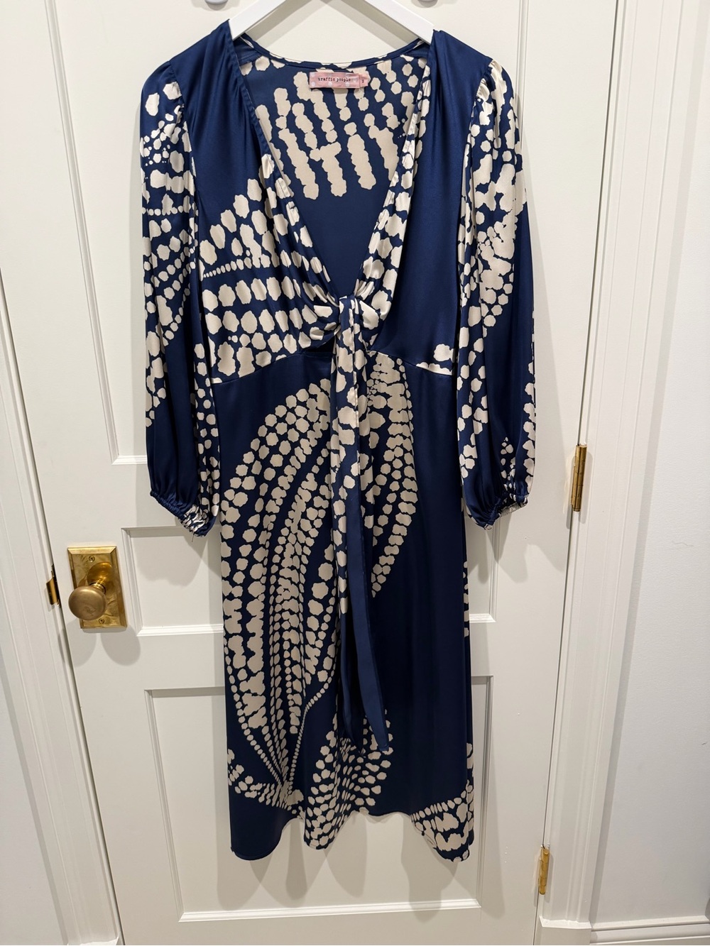 Traffic People Navy and Cream Knot-Front Long Sleeve Midi Dress